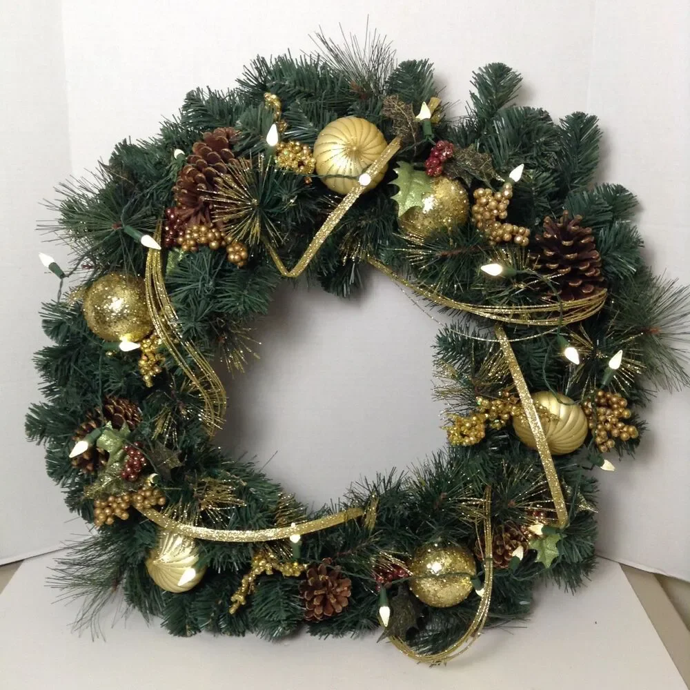 Christmas Wreath PreLit Green/Gold Pine Cones Balls Glamour Front Door Wall 23